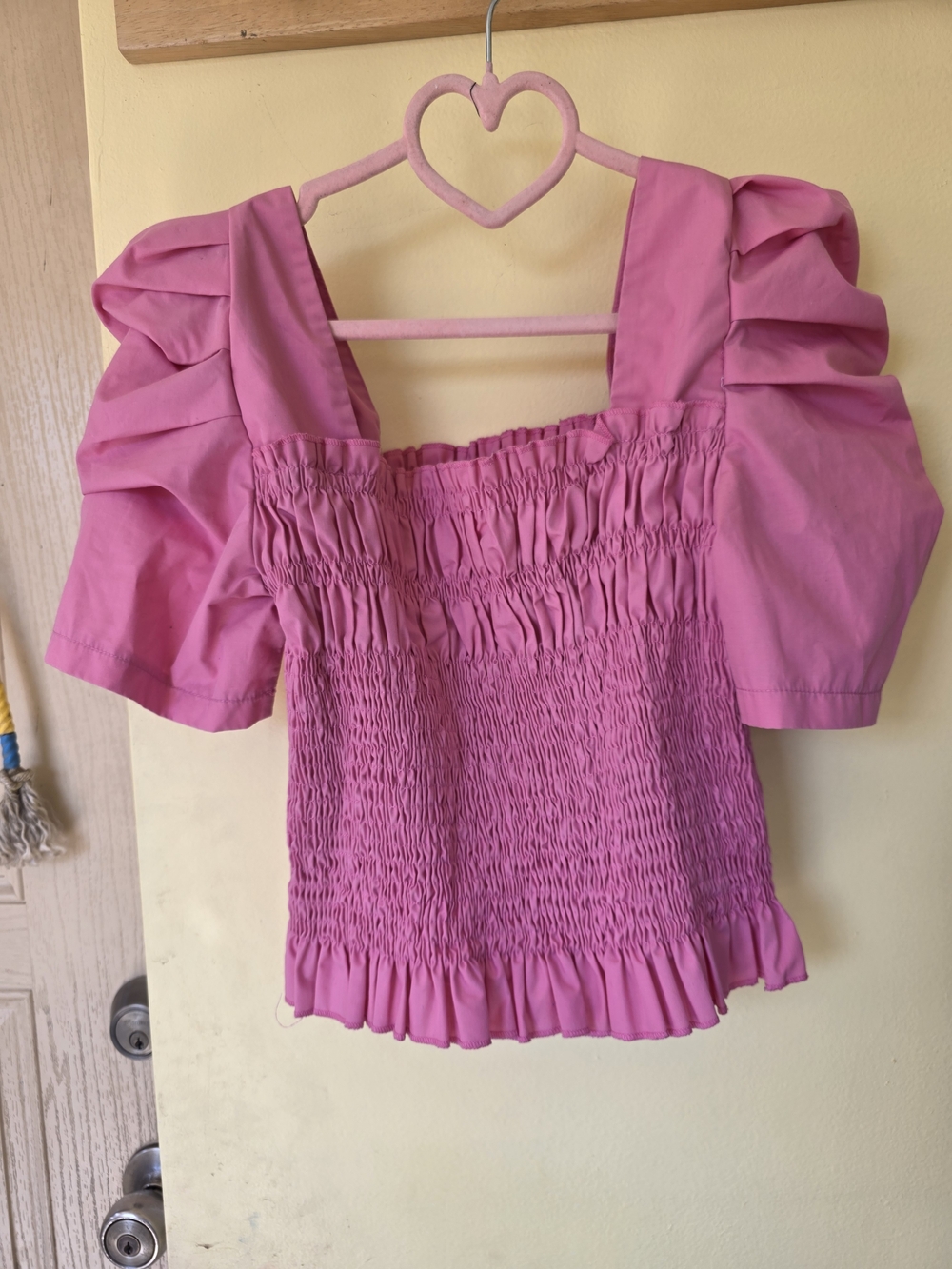SHEIN Pink Smocked Puff-Sleeve Crop Top